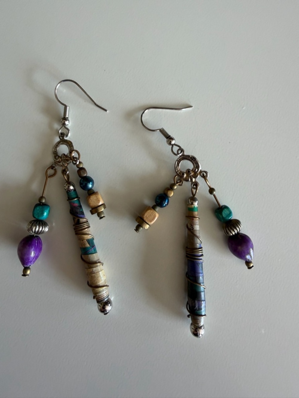 Boho Paper Bead Dangle Earrings Purple Teal Artisan